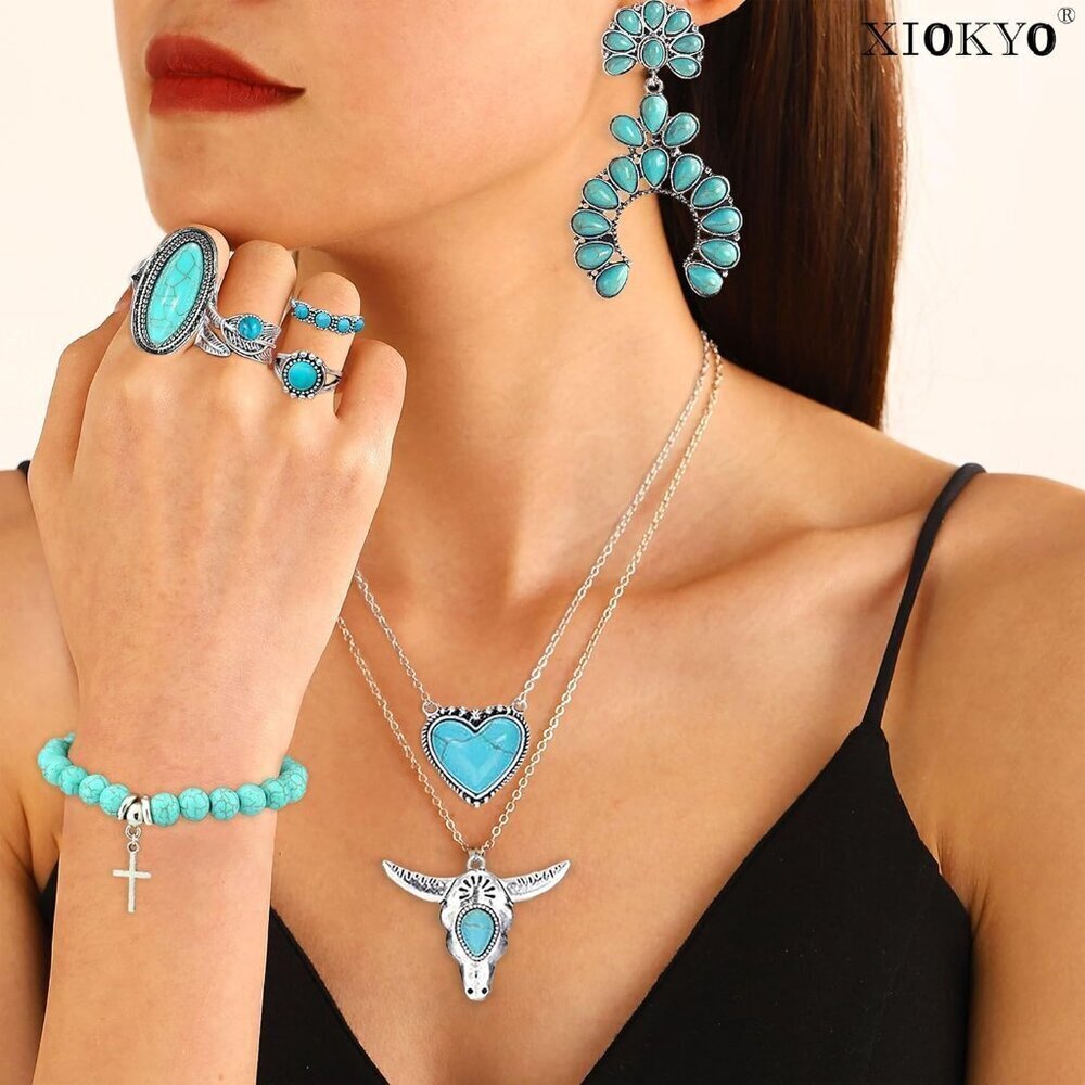Turquoise Jewelry Set Women Western Boho Necklace Rings Earrings Bracelets - Picture 3 of 9